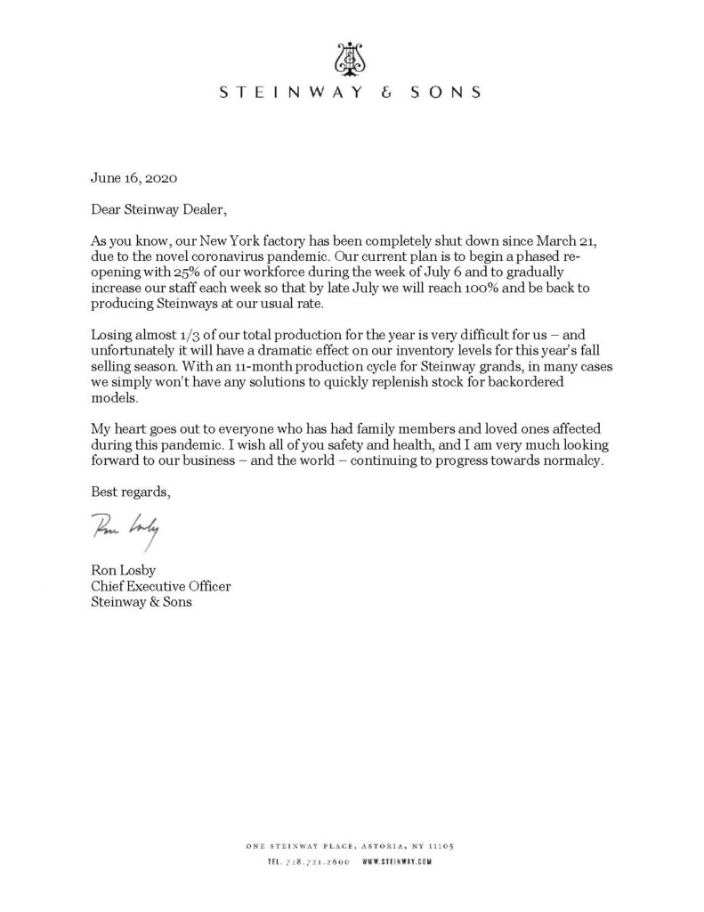 Letter from Ron Losby CEO Steinway Musical Properties