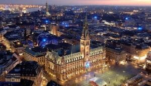 Photo of downtown Hamburg, Germany at night.
