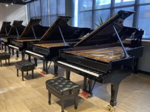 Row of Steinway & Sons Model D concert grands